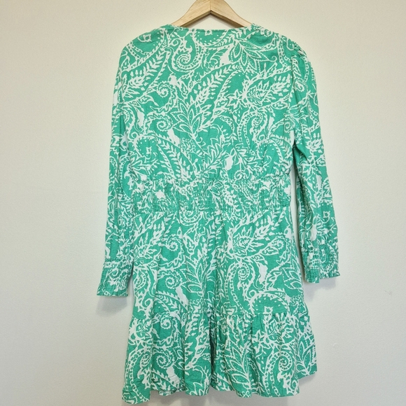 Zara Green White Paisley Linen Cotton Smocked Long Sleeve Mini Dress – Size XL - Picture 8 of 8